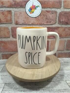 Rae Dunn Autumn Fall “PUMPKIN SPICE” Ivory Mug Orange Inside Heart On Back